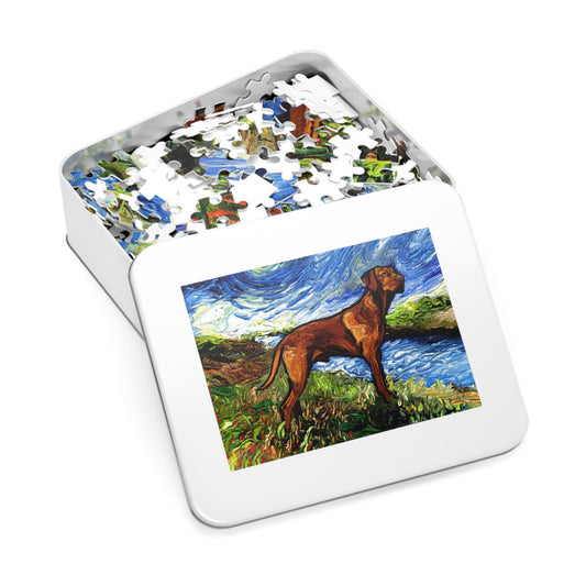 Premium Puzzle  Vizsla on a River Bank Starry Night Dog 110 252 or 500 Piece Puzzles in Gift Box Art By Aja Free US Shipping