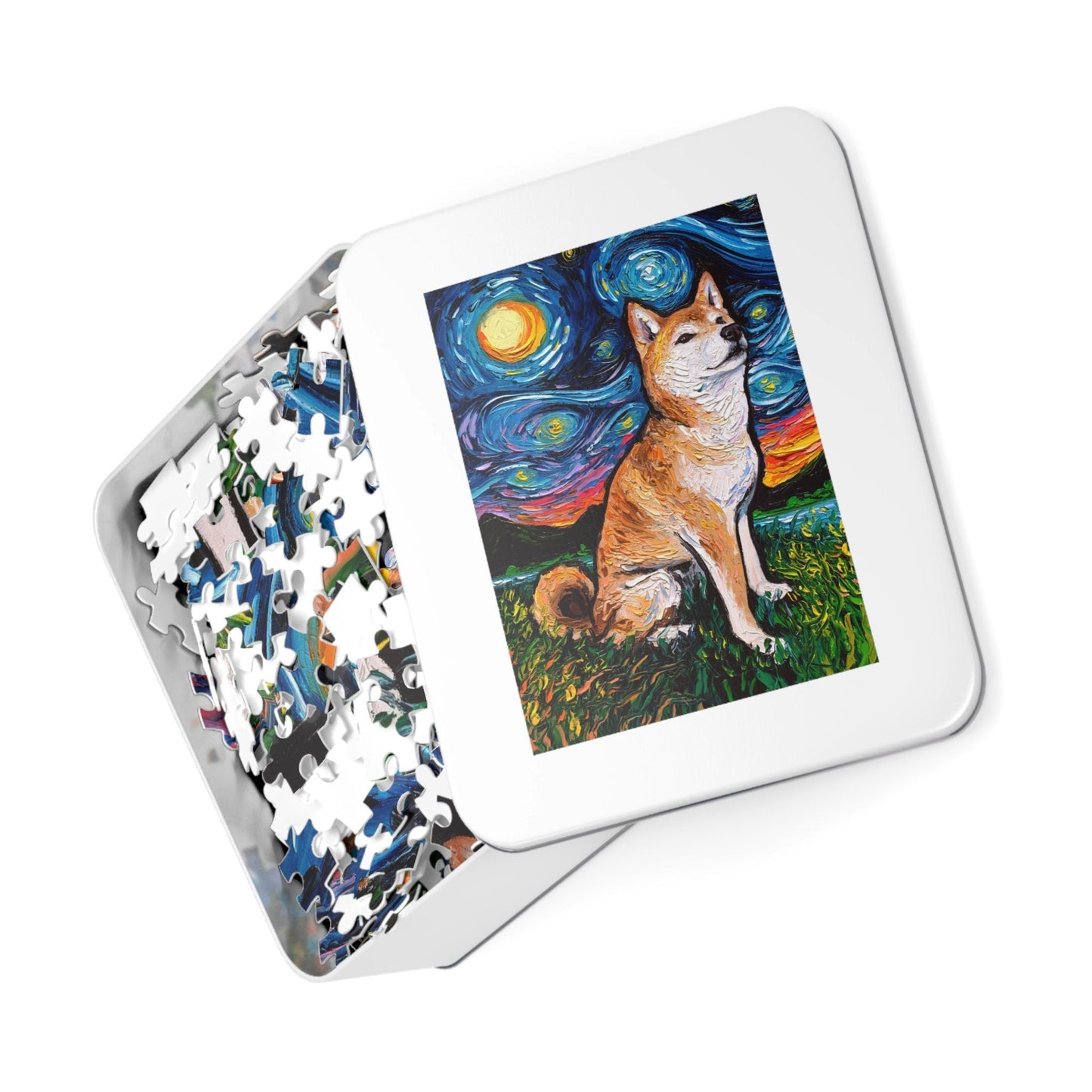 Premium Puzzle  Cute Shiba Inu Starry Night Dog 110 252 or 500 pieces in Gift Tin Art By Aja Rainy Day Activity Board Game Free US Ship