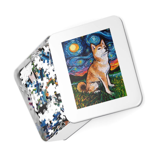 Premium Puzzle  Cute Shiba Inu Starry Night Dog 110 252 or 500 pieces in Gift Tin Art By Aja Rainy Day Activity Board Game Free US Ship