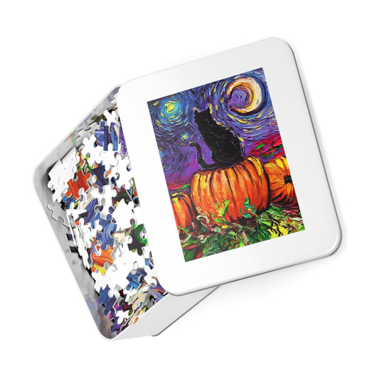Premium Puzzle  Black Cat In Pumpkin Patch Starry Night 110 252 or 500 Pieces in Gift Tin Art By Aja Rainy Day Activity Free US Shipping