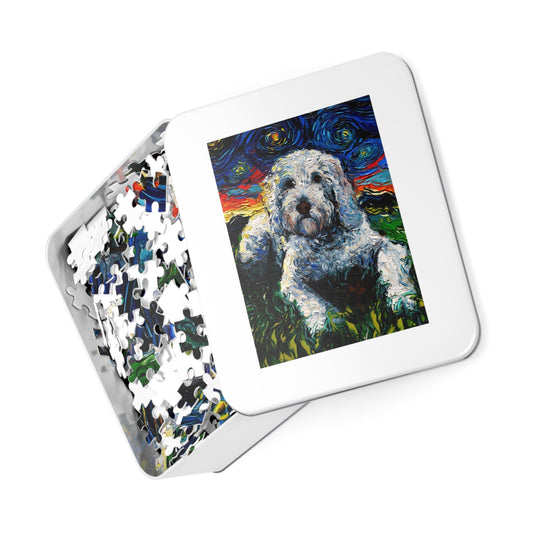 Premium Puzzle  White Goldendoodle Starry Night Dog 252 Or 500 Piece Puzzles in Gift Tin Art By Aja Rainy Day Activity Free US Shipping
