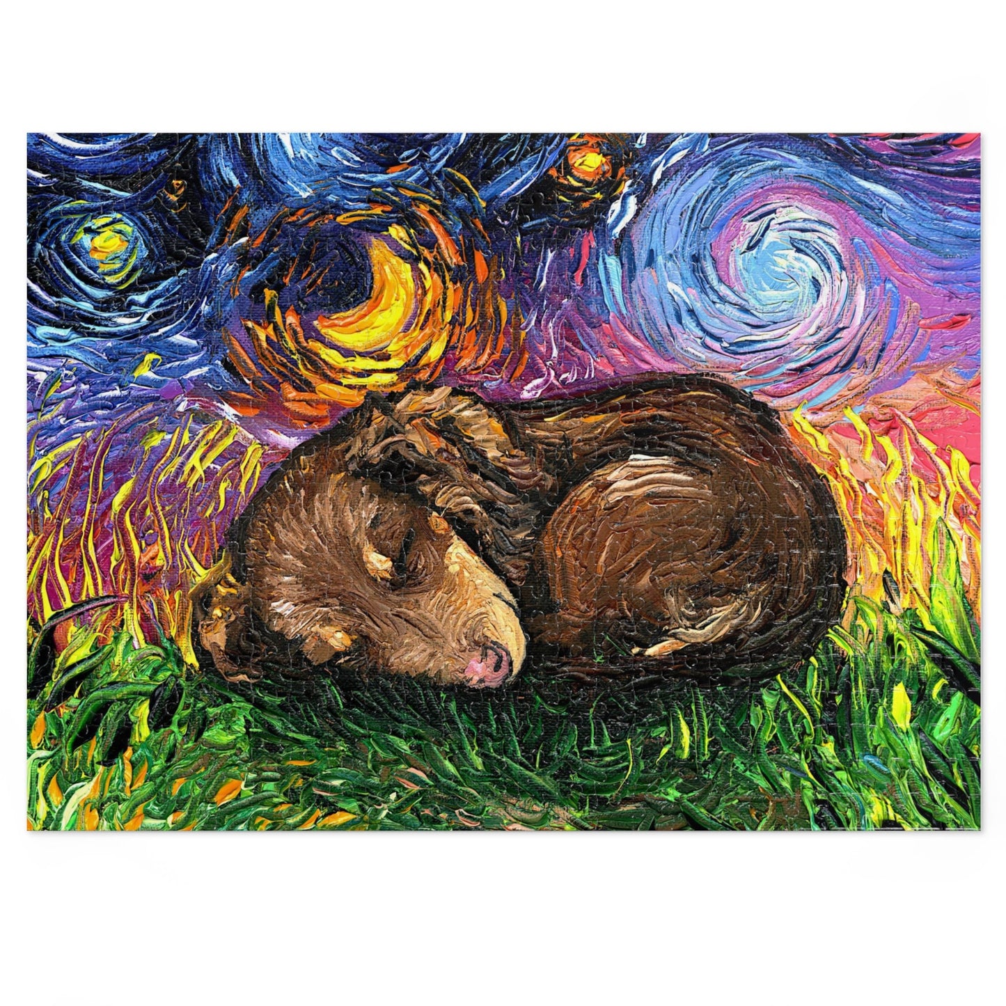 Premium Puzzle  Sleeping Brown Dachshund Puppy Starry Night Dog 110 252 Or 500 Piece Puzzles in Gift Tin Art By Aja Rainy Day Activity