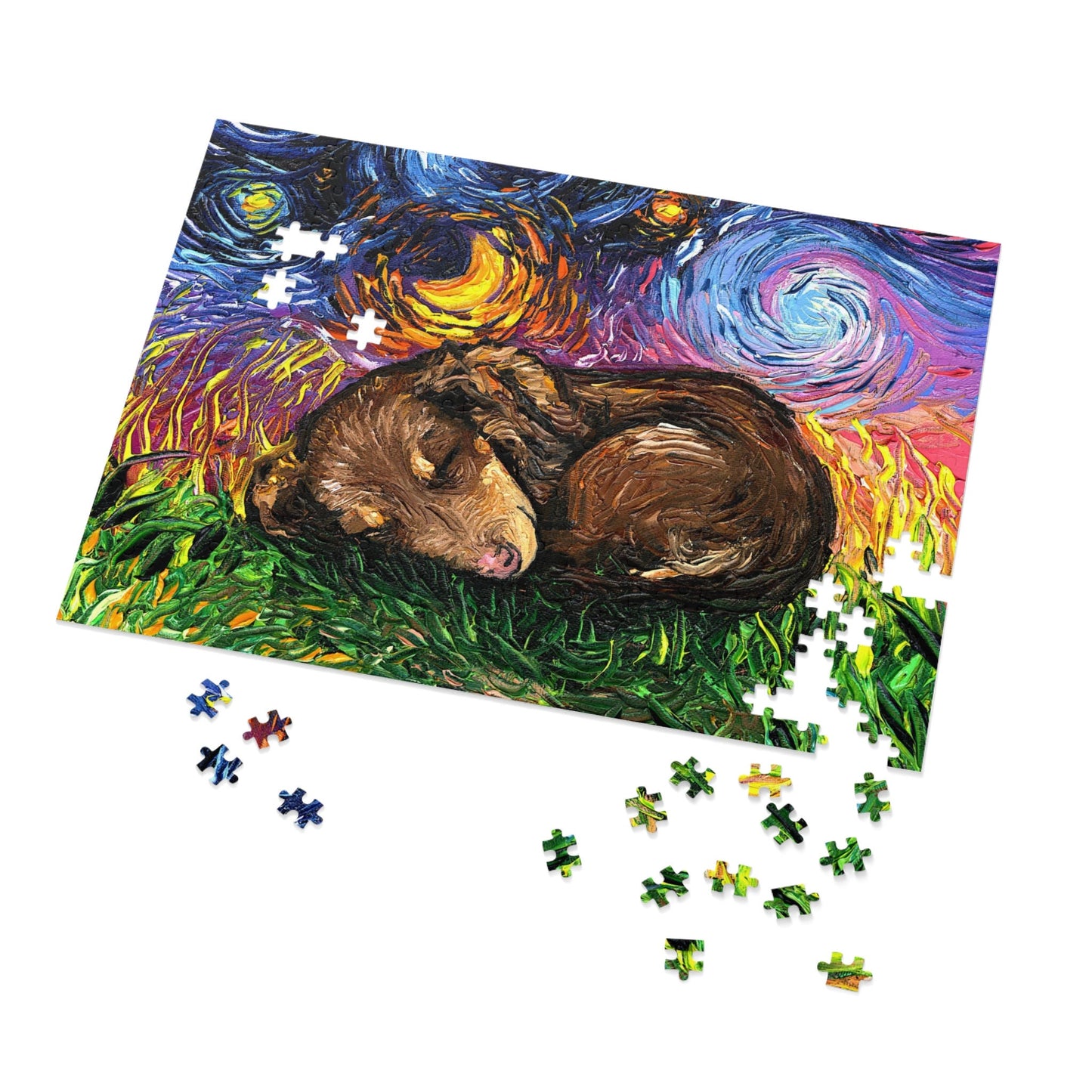 Premium Puzzle  Sleeping Brown Dachshund Puppy Starry Night Dog 110 252 Or 500 Piece Puzzles in Gift Tin Art By Aja Rainy Day Activity