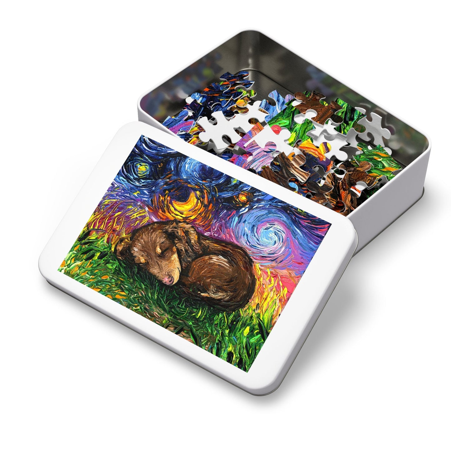 Premium Puzzle  Sleeping Brown Dachshund Puppy Starry Night Dog 110 252 Or 500 Piece Puzzles in Gift Tin Art By Aja Rainy Day Activity