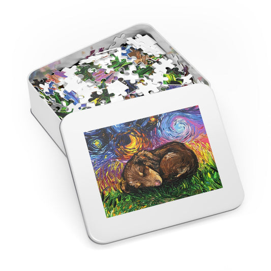 Premium Puzzle  Sleeping Brown Dachshund Puppy Starry Night Dog 110 252 Or 500 Piece Puzzles in Gift Tin Art By Aja Rainy Day Activity
