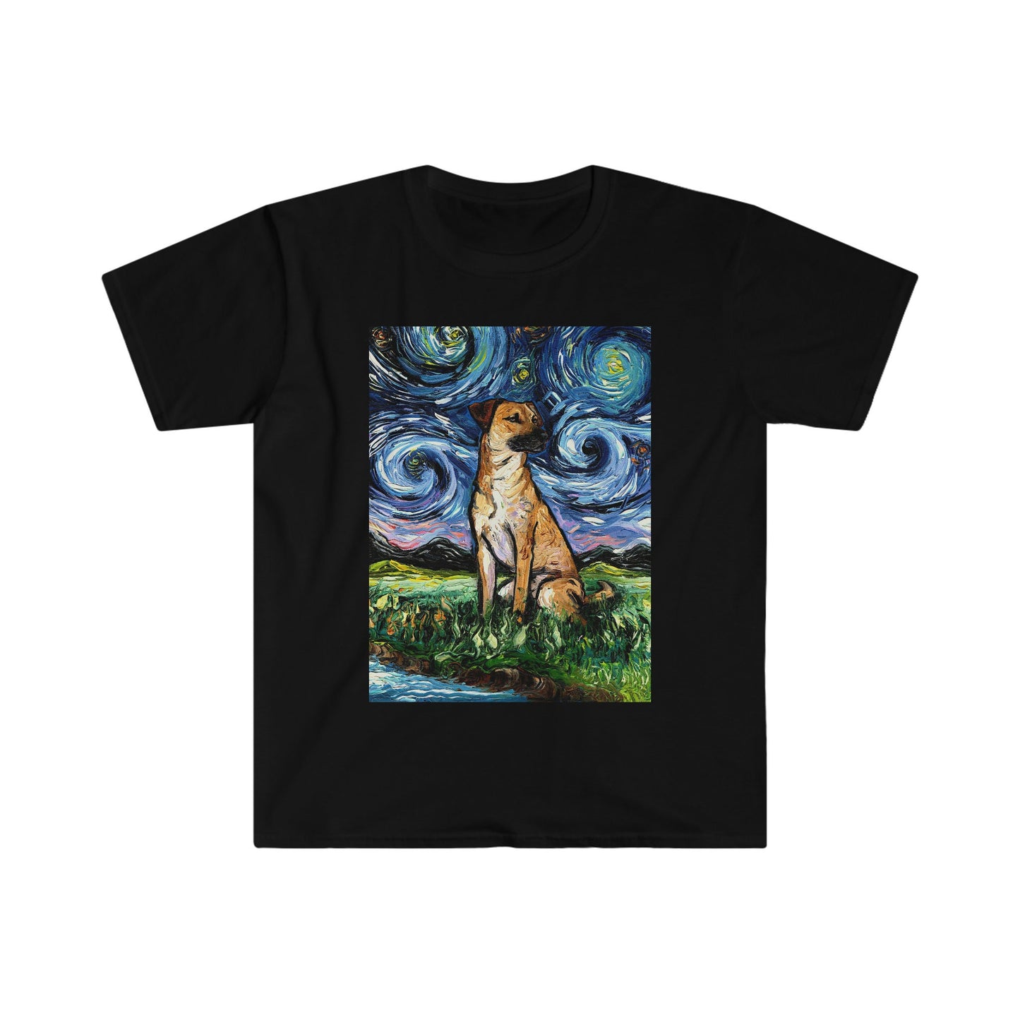 Shirt  Black Mouth Cur Starry Night Dog ShortSleeve Unisex TShirt Art by Aja Soft top clothing Apparel