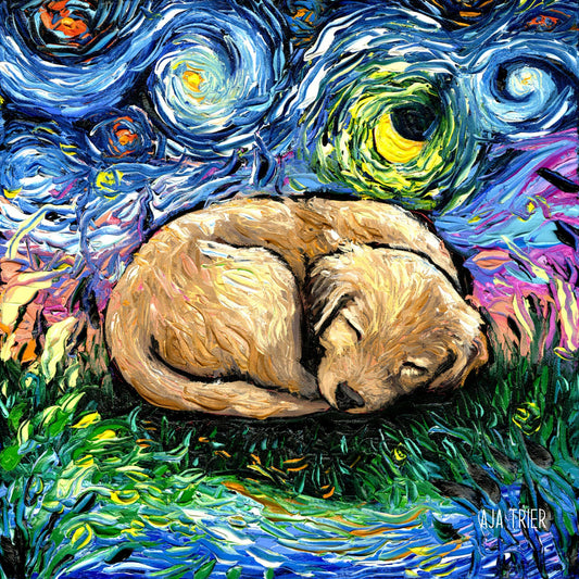 Sleeping Golden Retriever Puppy Starry Night Dog Art CANVAS print by Aja choose size cute pup Pet Memorial Moon