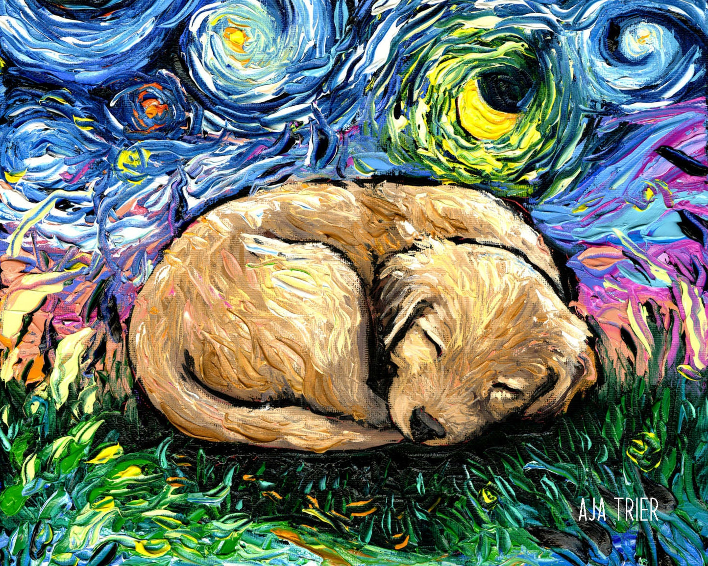 Sleeping Golden Retriever Puppy Starry Night Dog Art CANVAS print by Aja choose size cute pup Pet Memorial Moon
