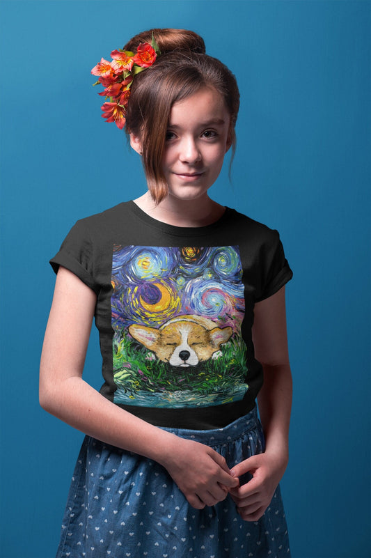 Youth Short Sleeve Tee  Sleeping Corgi puppy Starry Night Dog Kids Child ShortSleeve Art by Aja Soft top clothing Artwork Apparel