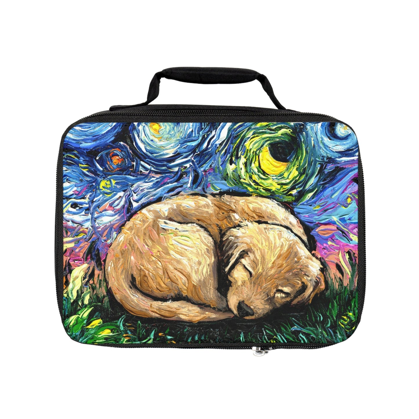 Lunch Bag  Sleeping Golden Retriever Puppy Starry Night Dog 9.5x7x2.8 inches Insulated Lunch Box Art by Aja