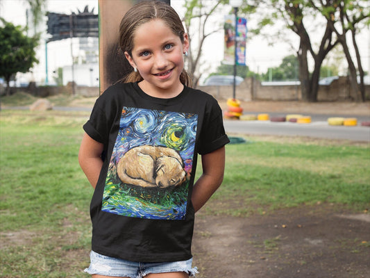 Youth Short Sleeve Tee  Sleeping Golden Retriever puppy Starry Night Dog Kids Child ShortSleeve Art by Aja Soft top clothing Apparel