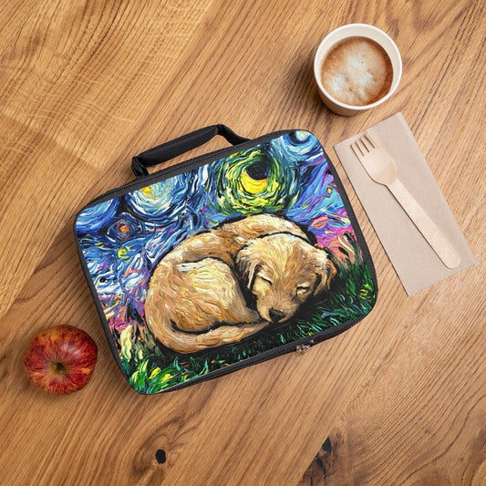 Lunch Bag  Sleeping Golden Retriever Puppy Starry Night Dog 9.5x7x2.8 inches Insulated Lunch Box Art by Aja