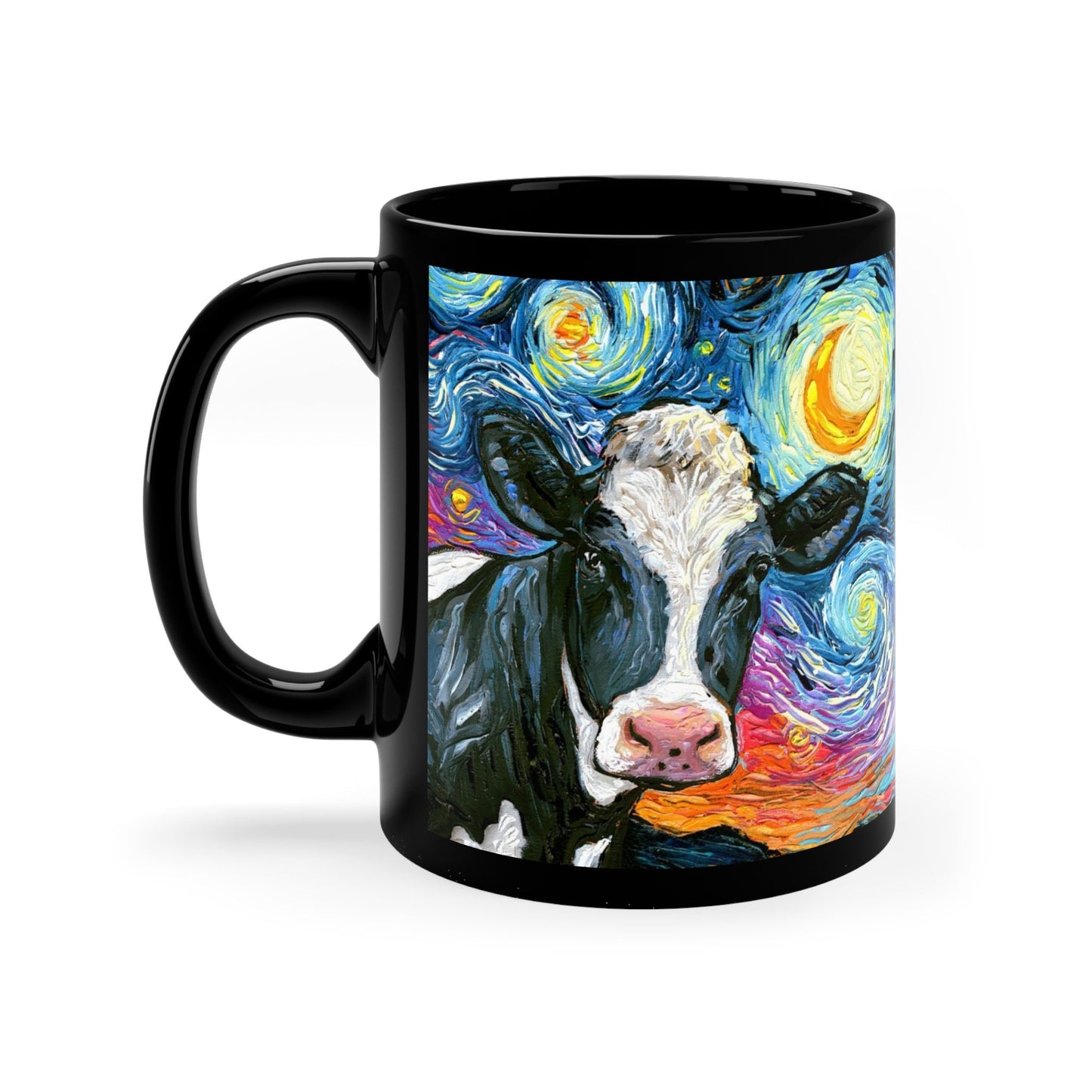 11oz Black Mug  Holstein Black and White Cow Farm Animal Starry Night Ceramic Coffee Cup Art by Aja Drinkware Kitchen Home