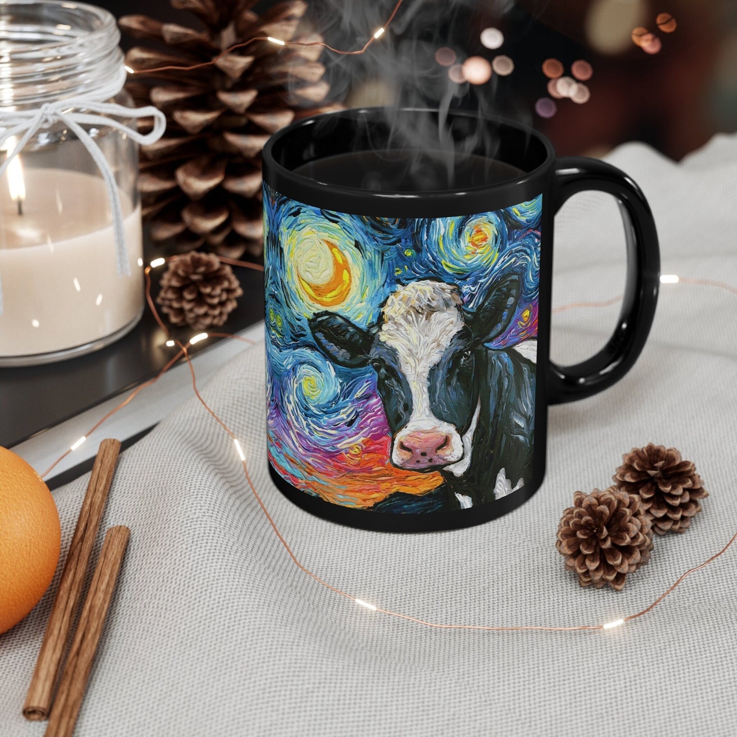 11oz Black Mug  Holstein Black and White Cow Farm Animal Starry Night Ceramic Coffee Cup Art by Aja Drinkware Kitchen Home