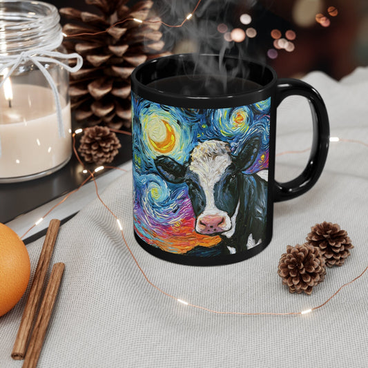 11oz Black Mug  Holstein Black and White Cow Farm Animal Starry Night Ceramic Coffee Cup Art by Aja Drinkware Kitchen Home