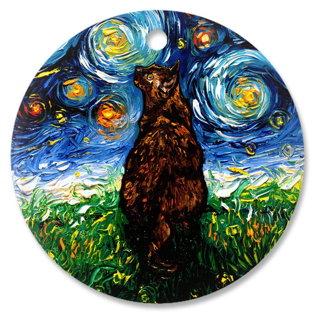Starry Night Art Tortoiseshell Cat Ceramic Christmas Ornament Unique Holiday Decoration Artistic Cat Tree Adornment Elegant Festive Decor