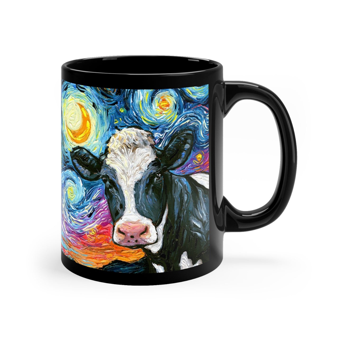 11oz Black Mug  Holstein Black and White Cow Farm Animal Starry Night Ceramic Coffee Cup Art by Aja Drinkware Kitchen Home