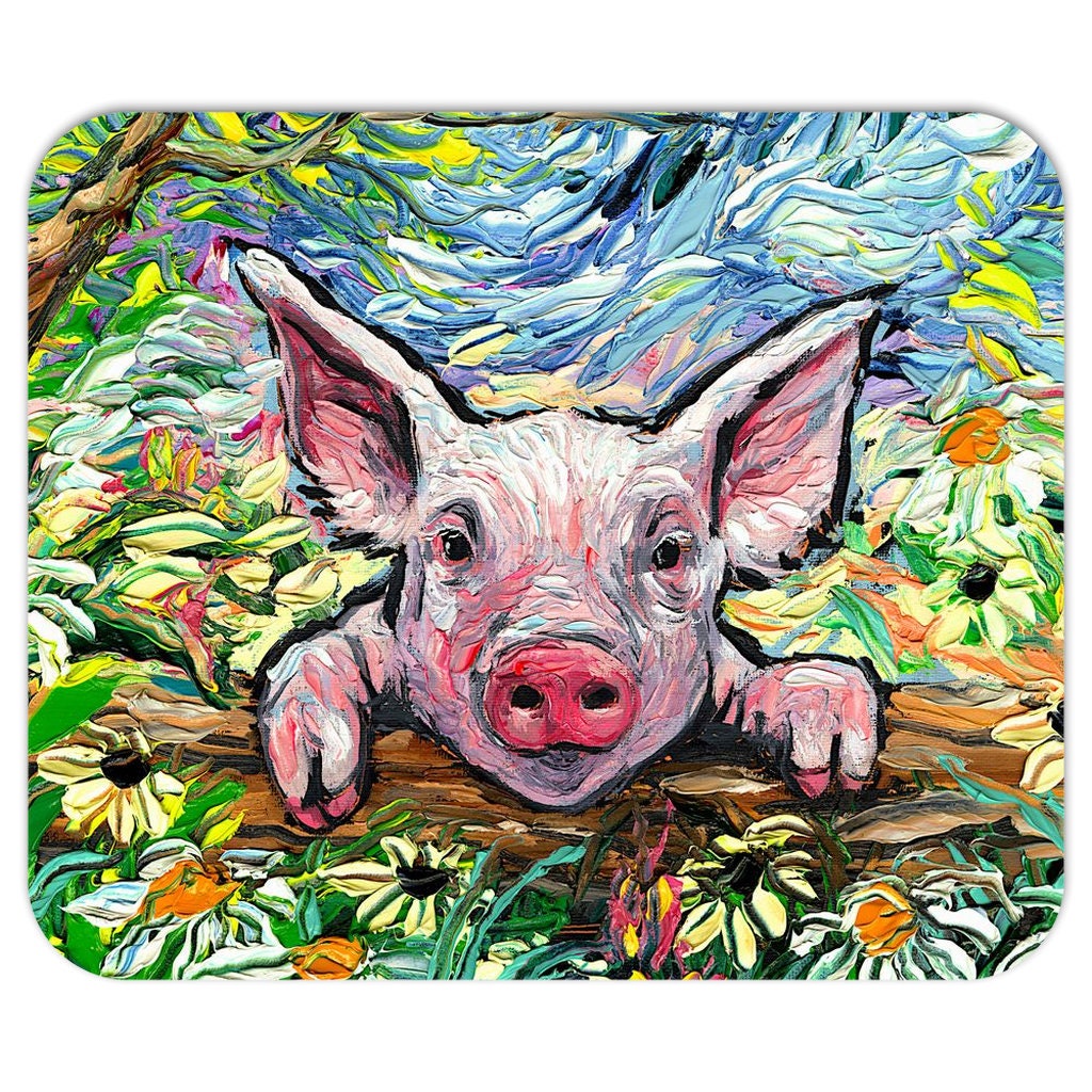 Cute Pig Mousepad Office Decor Farm Animal Lover Gift Idea Piglet and Flowers Desk Mat Work From Home Decor Barnyard Mouse Pad New Job Art