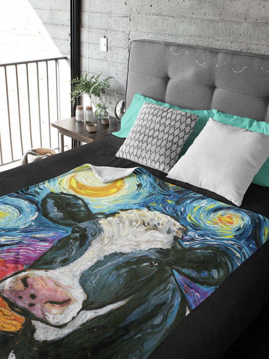 Minky Blanket  Holstein Black and White Cow Starry Night Farm Animal Art By Aja Home Decor Choose from 3 sizes Free US Shipping