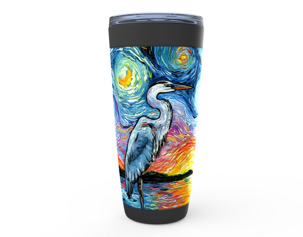 Great Blue Heron Starry Night Bird Viking Tumbler Insulated Stainless Steel Drinkware Art By Aja Travel Mug Nature Lake Sunset