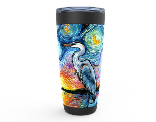 Great Blue Heron Starry Night Bird Viking Tumbler Insulated Stainless Steel Drinkware Art By Aja Travel Mug Nature Lake Sunset