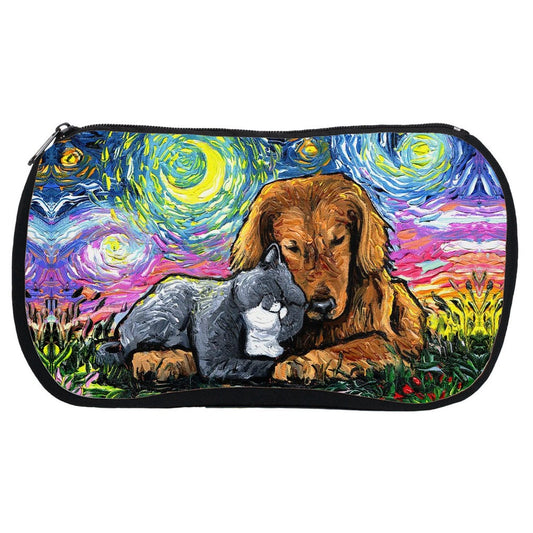 Best Friends Cute Cat And Dog Starry Night Art Cosmetic Bag Neoprene Rubber Colorful Makeup Pouch Travel Bag Art By Aja Artwork Gift