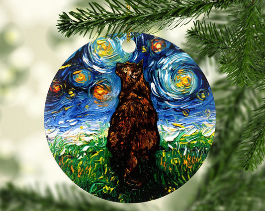 Starry Night Art Tortoiseshell Cat Ceramic Christmas Ornament Unique Holiday Decoration Artistic Cat Tree Adornment Elegant Festive Decor