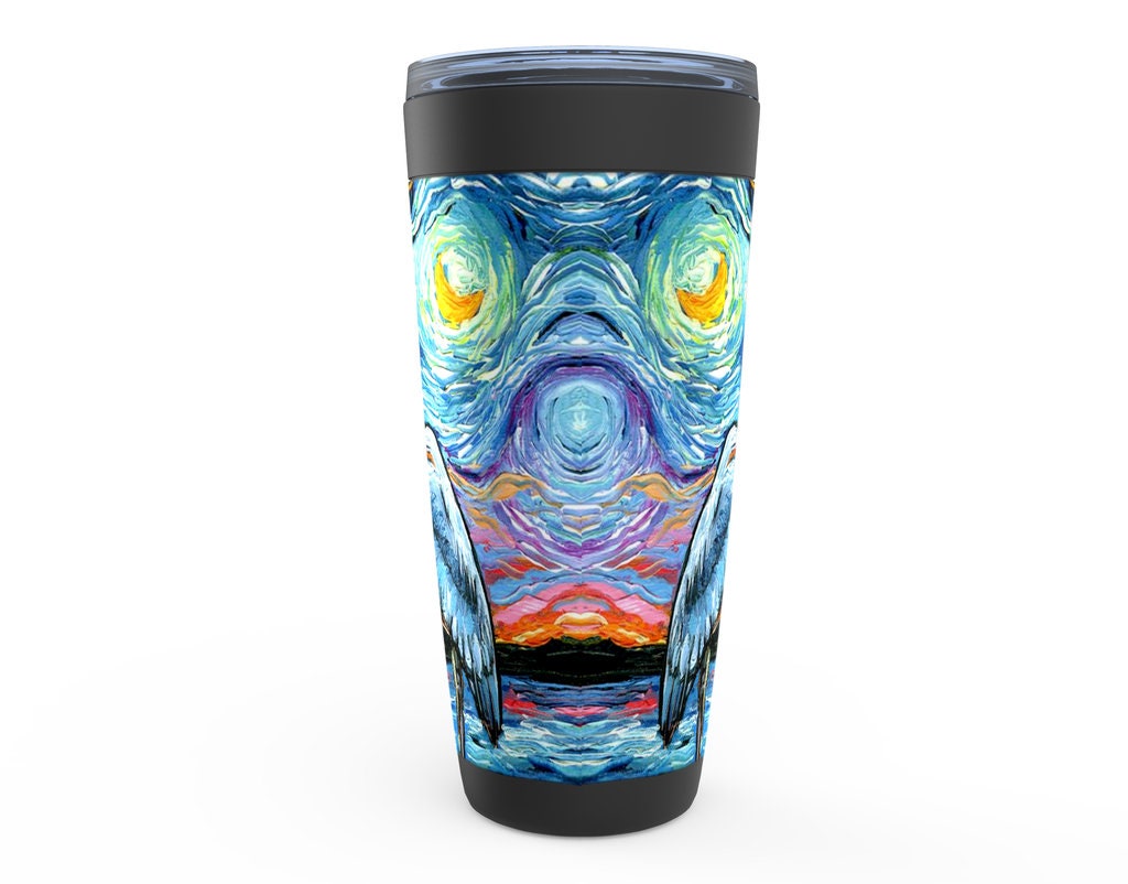 Great Blue Heron Starry Night Bird Viking Tumbler Insulated Stainless Steel Drinkware Art By Aja Travel Mug Nature Lake Sunset