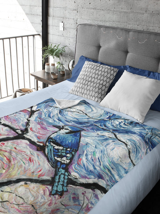 Minky Blanket Blue Jay Winter Bird Art Throw
