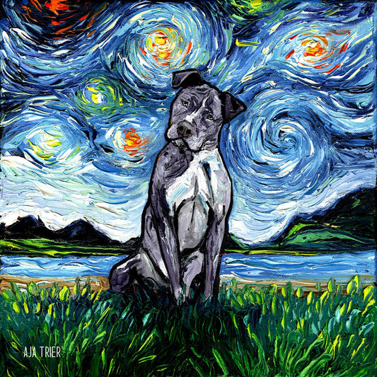 Blue Silver Gray Pitbull Art Starry Night Art Print by Aja choose size and type of paper pup puppy pittie animal pet wall decor