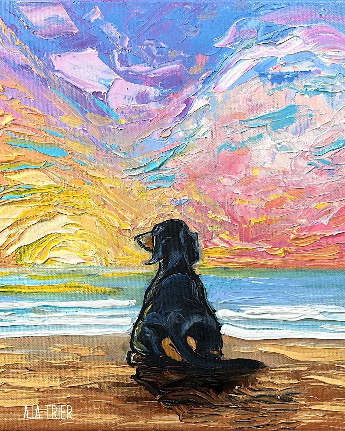 Black and Tan Dachshund Print Impressionist Dog Wall Art Dog Lover Gift Idea Colorful Beach Sunset Coastal Gallery Wall Art Pet Home Decor