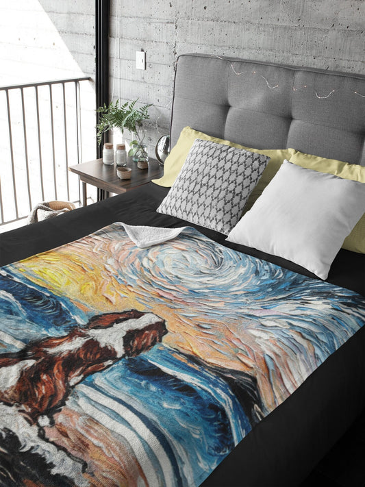 Minky Blanket  Beach Days Blenheim Cavalier Spaniel Dog Coastal Sunset Ocean Throw