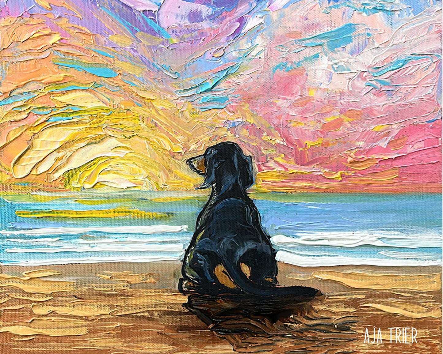 Black and Tan Dachshund Print Impressionist Dog Wall Art Dog Lover Gift Idea Colorful Beach Sunset Coastal Gallery Wall Art Pet Home Decor