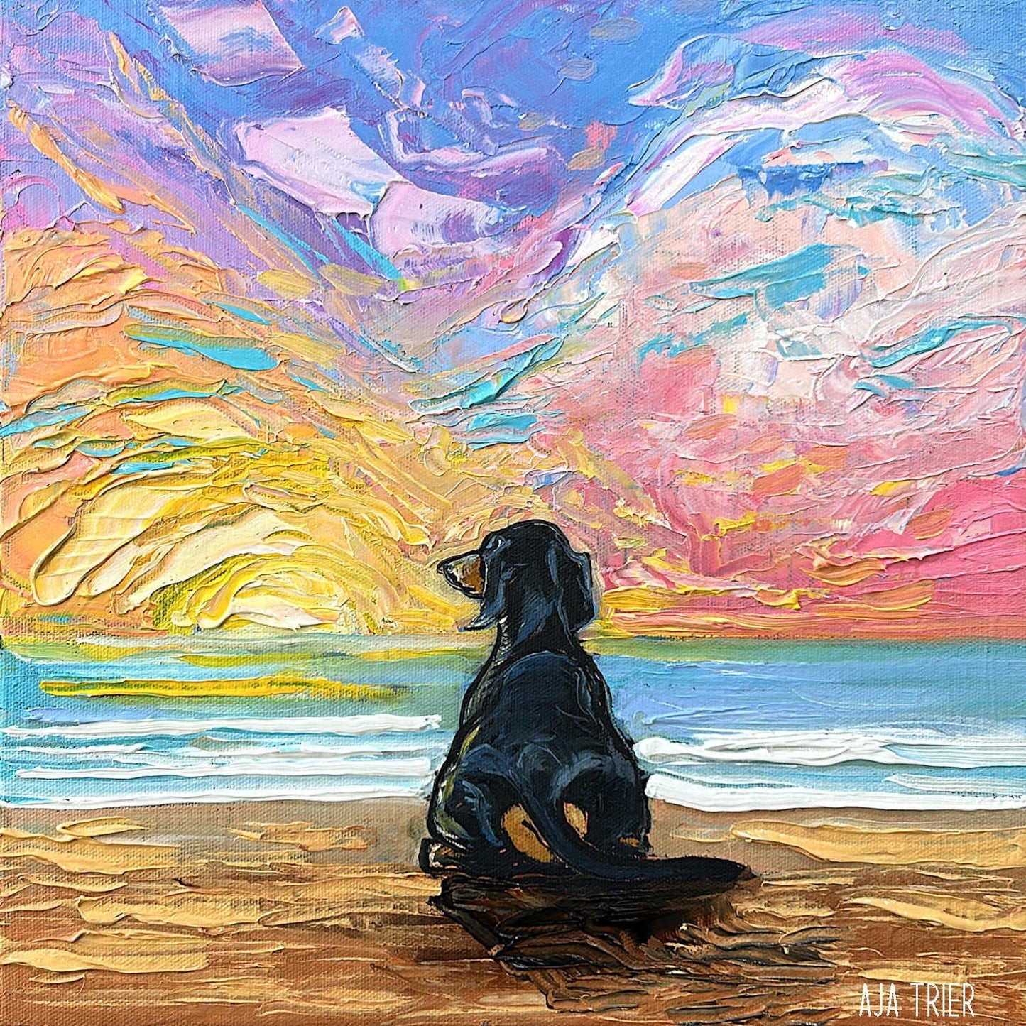 Black and Tan Dachshund Print Impressionist Dog Wall Art Dog Lover Gift Idea Colorful Beach Sunset Coastal Gallery Wall Art Pet Home Decor