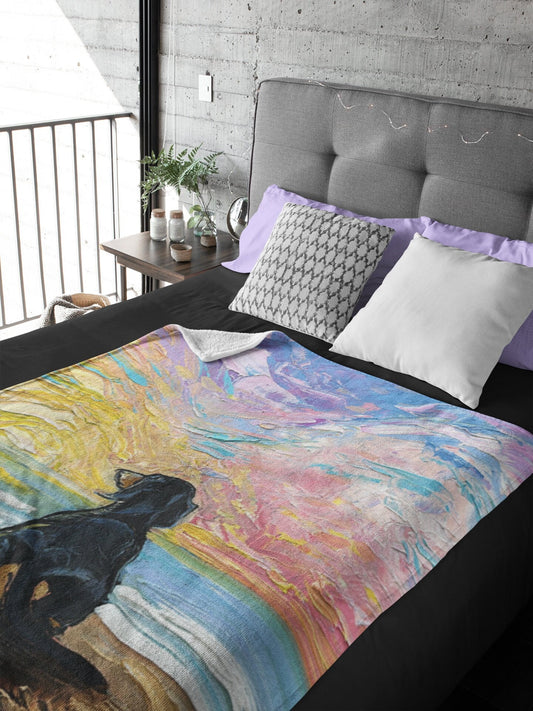 Minky Blanket Beach Days Dachshund Dog Coastal Sunset Ocean Art Throw