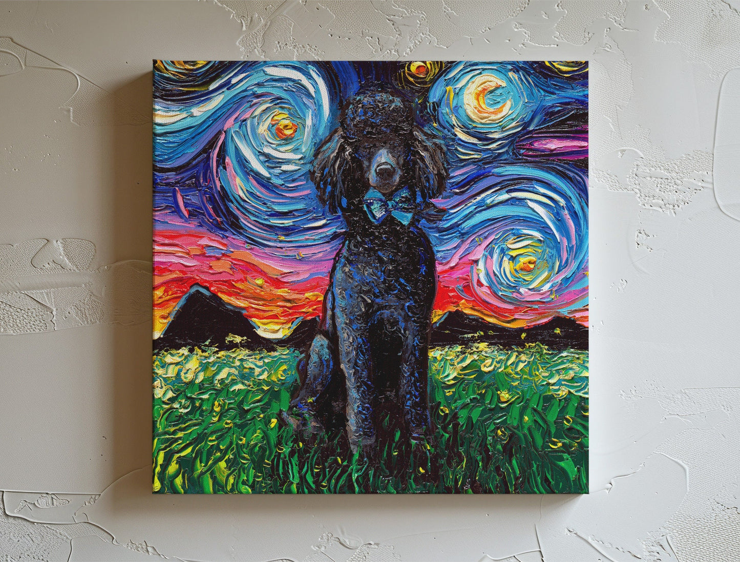 Dog Starry Night Painting Canvas Print | Black Standard Poodle | Dog Lover Gift | Canvas Gallery Wall Art | Impressionist Home Decor