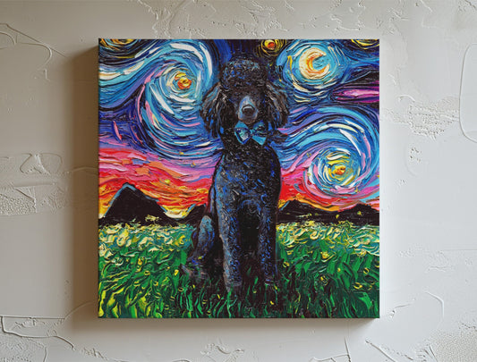 Dog Starry Night Painting Canvas Print | Black Standard Poodle | Dog Lover Gift | Canvas Gallery Wall Art | Impressionist Home Decor
