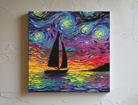 Come Sail Away Sailboat Starry Night Art CANVAS print ocean sunset boat artwork by Aja choose size coastal seascape home decor wall art