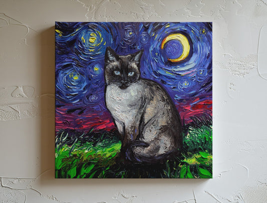 Cat Starry Night Painting Canvas Print Siamese Cat Lover Gift Starry Cat Print Gallery Wall Art Impressionist Cat Mom Feline Home Decor