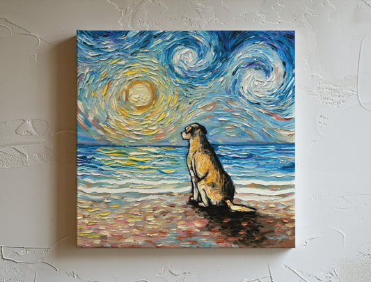 Yellow Labrador at the Beach Starry Night Canvas Print Coastal Impressionist Dog Wall Art Dog Lover Gift Gallery Wall Art Pet Home Decor