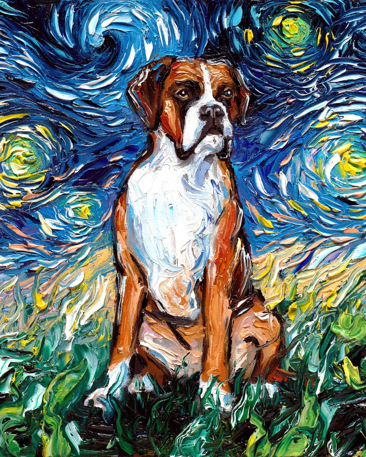 Boxer Dog Starry Night Canvas Print Impressionist Dog Wall Art Dog Lover Gift Colorful Dog Print Gallery Wall Art Pet Home Decor