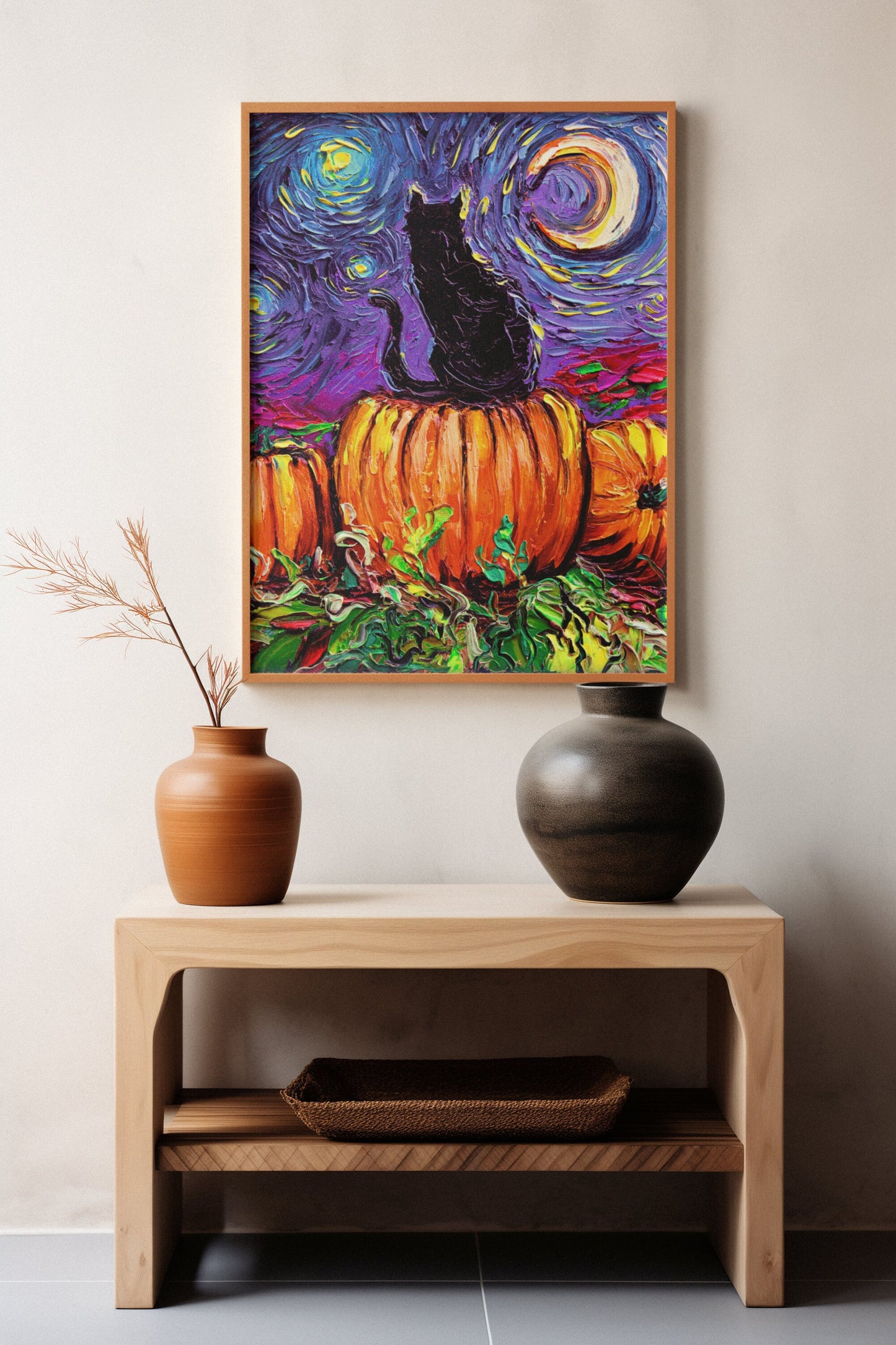 8x10 Black Cat Pumpkin Patch Starry Night Art Print Seasonal Autumn Wall Artwork Cat Lover Gift Halloween Decoration Pet Mom Fall Home Decor