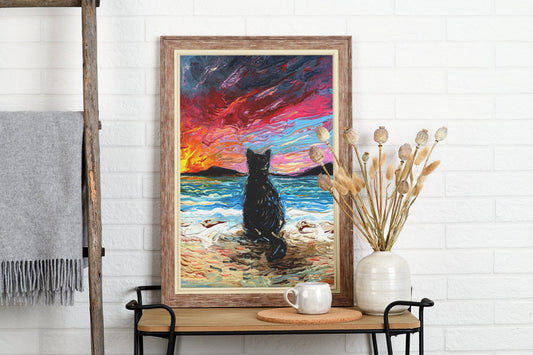 Black Cat Sunset Beach Print Wall Art Cat Lover Gift Idea Pet Mom Gallery Wall Art Coastal Beach House Artwork Colorful Home Decor