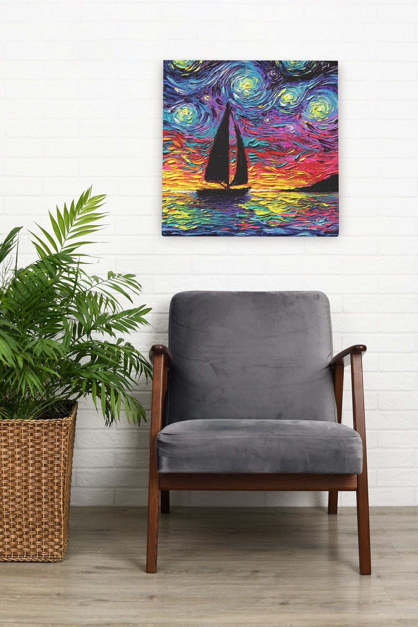 Come Sail Away Sailboat Starry Night Art CANVAS print ocean sunset boat artwork by Aja choose size coastal seascape home decor wall art