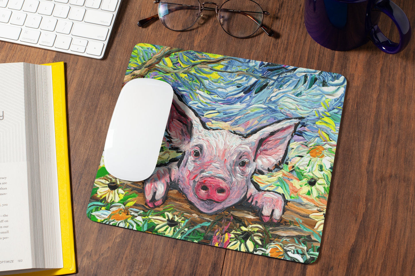 Cute Pig Mousepad Office Decor Farm Animal Lover Gift Idea Piglet and Flowers Desk Mat Work From Home Decor Barnyard Mouse Pad New Job Art
