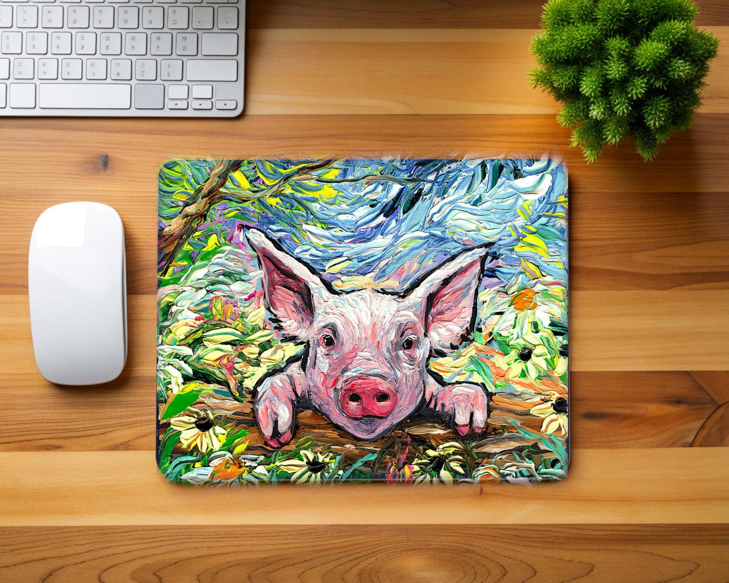 Cute Pig Mousepad Office Decor Farm Animal Lover Gift Idea Piglet and Flowers Desk Mat Work From Home Decor Barnyard Mouse Pad New Job Art