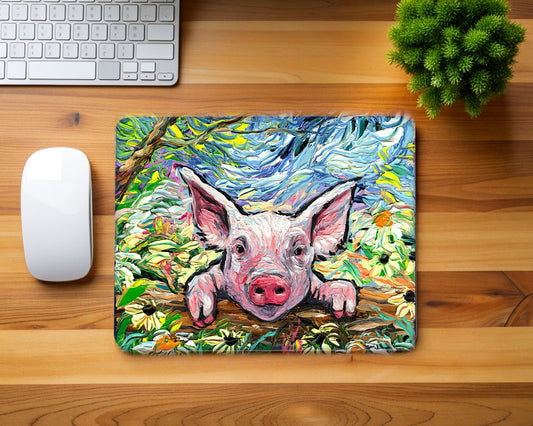 Cute Pig Mousepad Office Decor Farm Animal Lover Gift Idea Piglet and Flowers Desk Mat Work From Home Decor Barnyard Mouse Pad New Job Art
