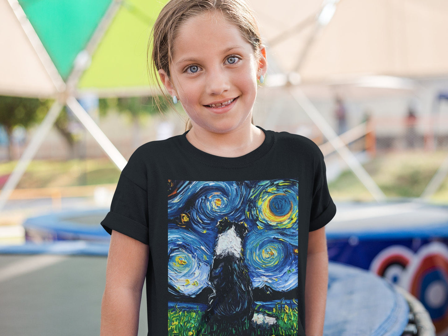 Kids Short Sleeve Shirt Border Collie Youth Tee Starry Night Childs TShirt Dog Art Clothing Colorful Pet Children's Apparel Dog Lover Gift