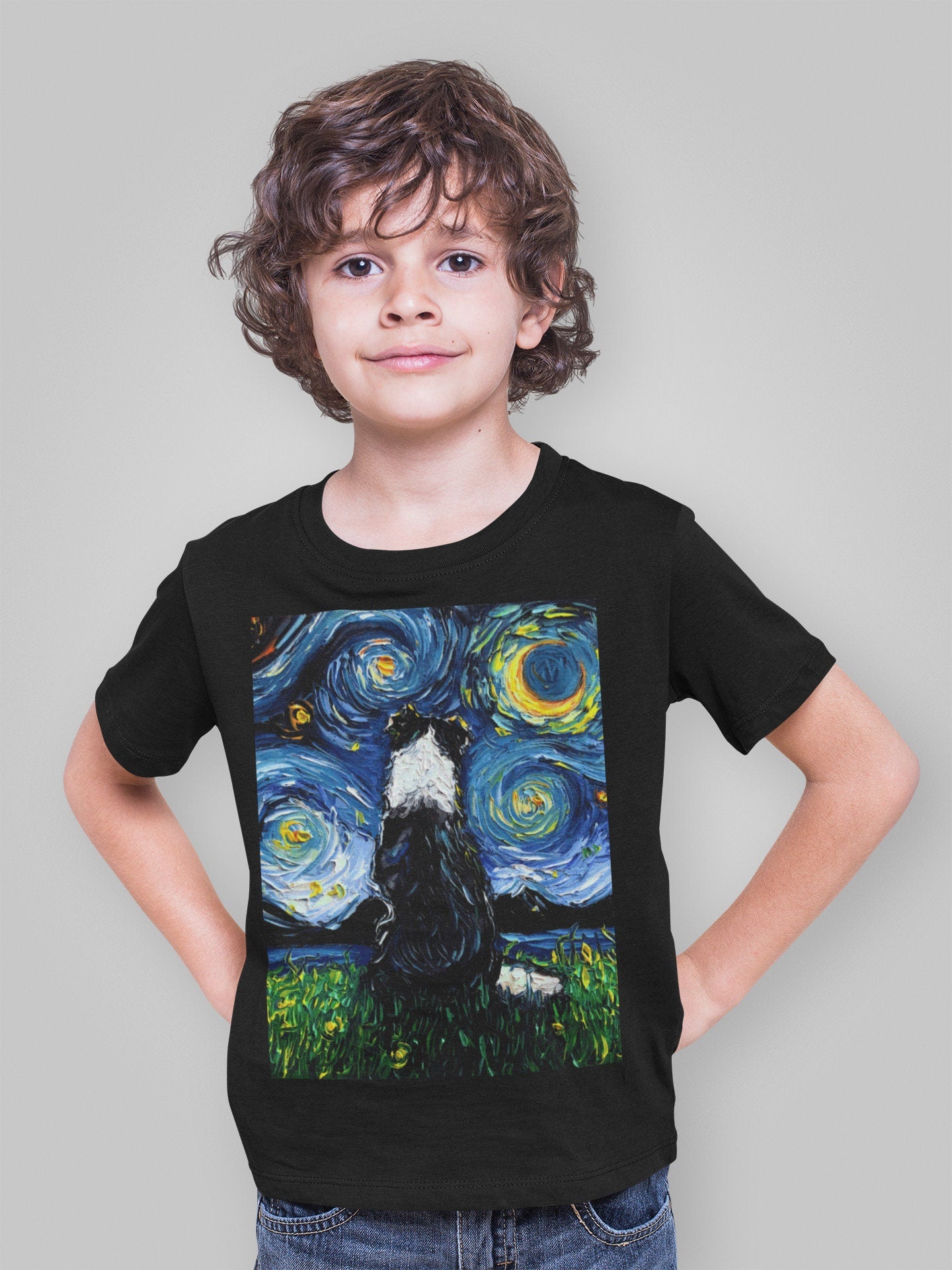 Kids Short Sleeve Shirt Border Collie Youth Tee Starry Night Childs TShirt Dog Art Clothing Colorful Pet Children's Apparel Dog Lover Gift