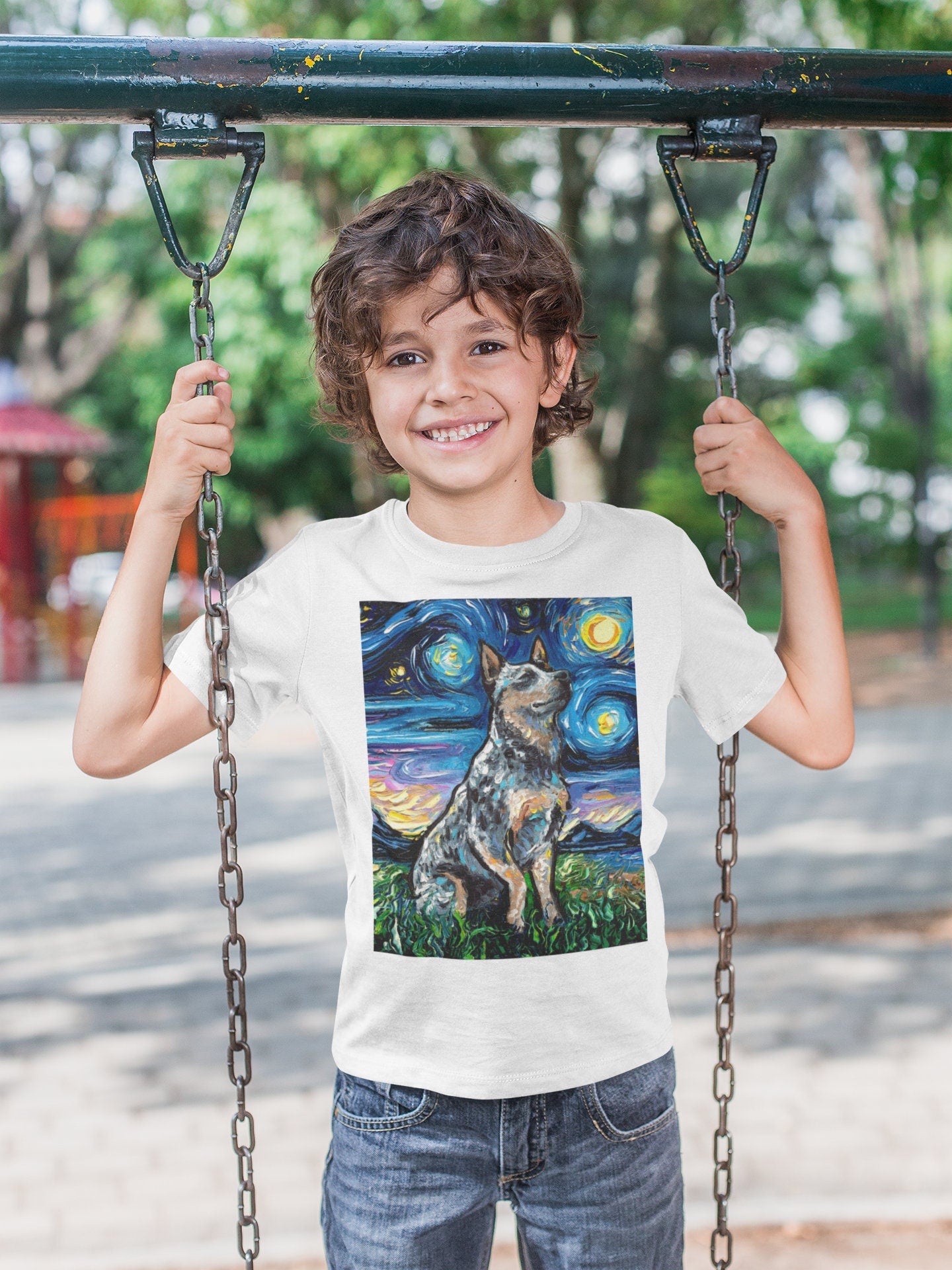 Childs Short Sleeve Shirt Blue Heeler Youth Tee Starry Night Kids TShirt Australian Cattle Dog Art Clothing Colorful Pet Children's Apparel